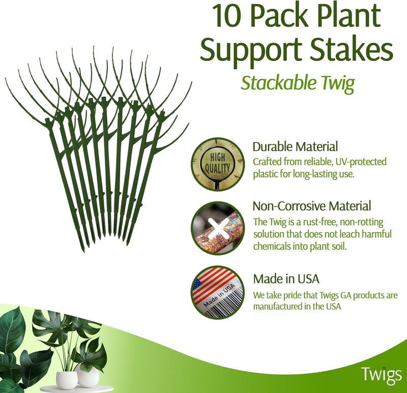 Twigs Ga دعامات دعم النباتات القابلة للتكديس، دعم سيقان النباتات المنزلية والحدائق، ملحقات الحدائق، بديل للشبكات للنباتات المتسلقة والمزروعة - مونستيرا (أخضر داكن)، عبوة 10، 17 بوصة - Image 2
